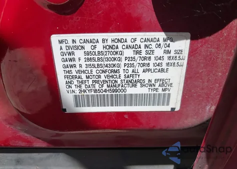 2004 Honda Pilot Ex-L z USA, uszkodzony, nr VIN 2HKYF18504H599000
